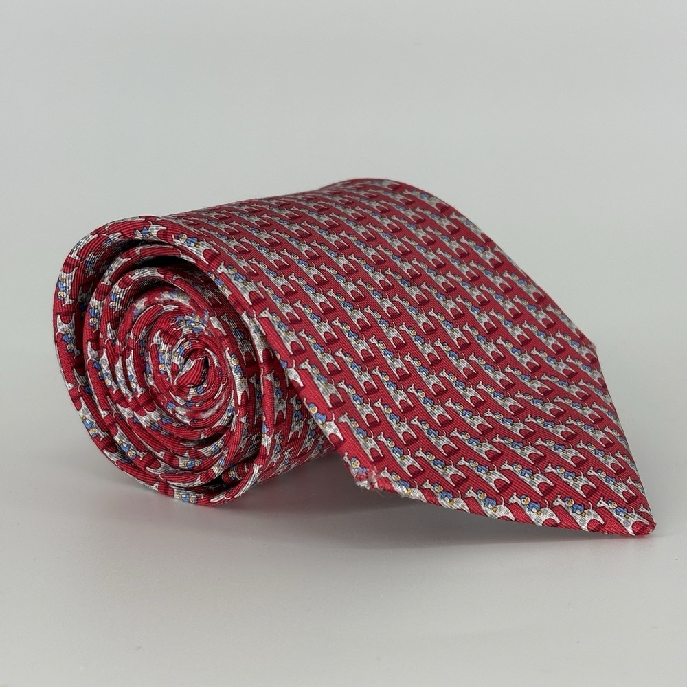 Salvatore Ferragamo Tie Penguin Riding Giraffe AOP Made In Italy 100% Silk